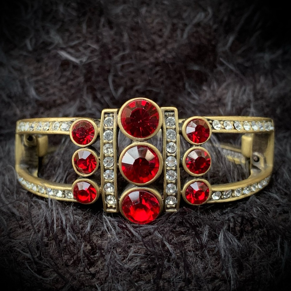 Heidi Daus Sparkly Red Crystal Brass Clamp Vintage Bracelet